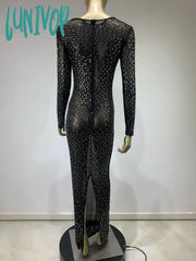 Lunivop Women Summer Fashion Sexy Long Sleeve Tranparent Black Sparkly Mesh Maxi Dress Elegant