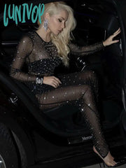 Lunivop Women Summer Fashion Sexy Long Sleeve Tranparent Black Sparkly Mesh Maxi Dress Elegant