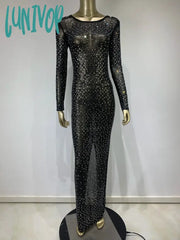 Lunivop Women Summer Fashion Sexy Long Sleeve Tranparent Black Sparkly Mesh Maxi Dress Elegant