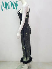 Lunivop Women Summer Fashion Sexy One Shoulder Feather Cystal Diamonds Black Midi Bandage Dress