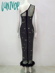 Lunivop Women Summer Fashion Sexy One Shoulder Feather Cystal Diamonds Black Midi Bandage Dress