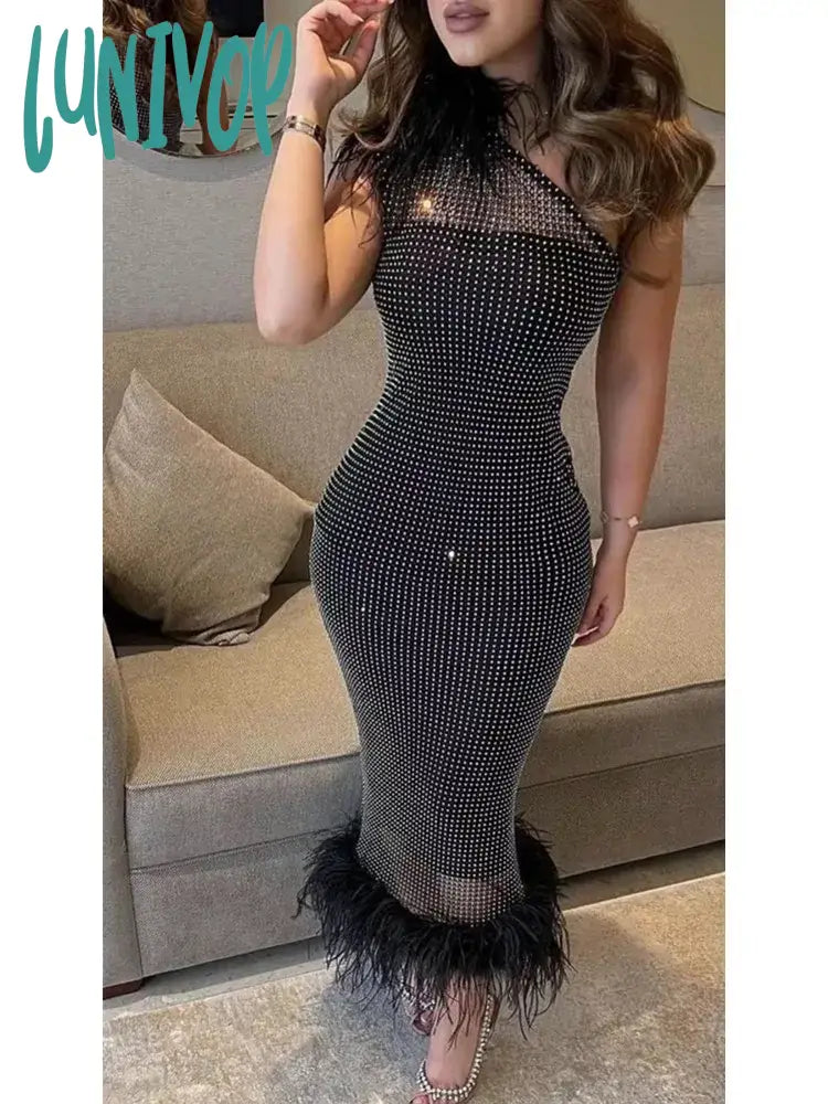 Lunivop Women Summer Fashion Sexy One Shoulder Feather Cystal Diamonds Black Midi Bandage Dress
