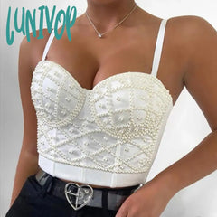 Lunivop Women Summer Fashion Sexy Strap Beading White Black Ladies Top Celebrity Designer High