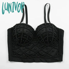 Lunivop Women Summer Fashion Sexy Strap Beading White Black Ladies Top Celebrity Designer High