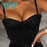 Lunivop Women Summer Fashion Sexy Strap Beading White Black Ladies Top Celebrity Designer High