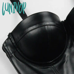 Lunivop Women Summer Fashion Sexy Strap V Neck Leather White Black Ladies Top Celebrity Designer