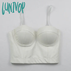 Lunivop Women Summer Fashion Sexy Strap V Neck Leather White Black Ladies Top Celebrity Designer