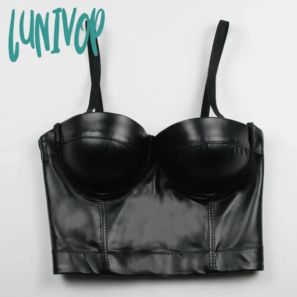 Lunivop Women Summer Fashion Sexy Strap V Neck Leather White Black Ladies Top Celebrity Designer