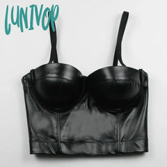 Lunivop Women Summer Fashion Sexy Strap V Neck Leather White Black Ladies Top Celebrity Designer
