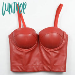 Lunivop Women Summer Fashion Sexy Strap V Neck Leather White Black Ladies Top Celebrity Designer