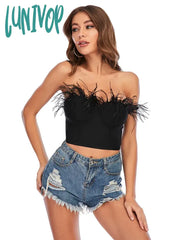 Lunivop Women Summer Fashion Sexy Strapless Backless Feather Black White Bandage Top Celebrity