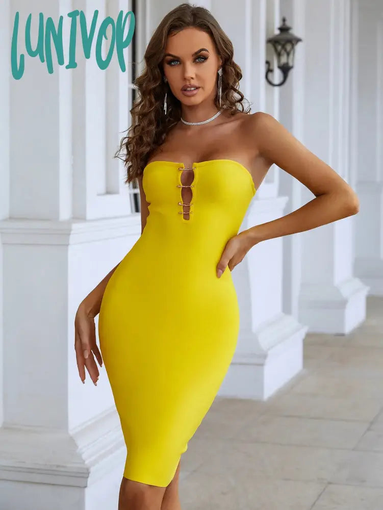 Lunivop Women Summer Fashion Sexy Strapless Backless Pin Yellow Mini Bodycon Bandage Dress 2024