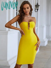 Lunivop Women Summer Fashion Sexy Strapless Backless Pin Yellow Mini Bodycon Bandage Dress 2024