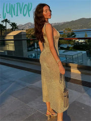 Lunivop Women Summer Glitters Long Tank Dress Sexy Sleeveless Round Neck A-Line Dresses For