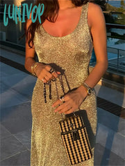 Lunivop Women Summer Glitters Long Tank Dress Sexy Sleeveless Round Neck A-Line Dresses For