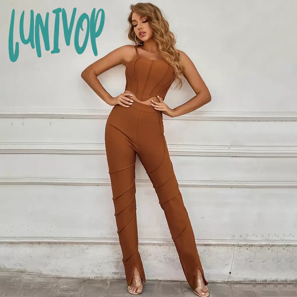 Lunivop Women Summer Ladies Sexy Sleeveless Brown White Two Pieces Bandage Set Fashion Party Women’s