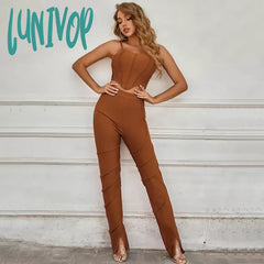 Lunivop Women Summer Ladies Sexy Sleeveless Brown White Two Pieces Bandage Set Fashion Party Women’s