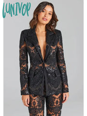 Lunivop Women Summer Luxury Sexy Long Sleeve V Neck Sequins Black White Pants Set Celebrity