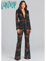 Lunivop Women Summer Luxury Sexy Long Sleeve V Neck Sequins Black White Pants Set Celebrity