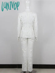 Lunivop Women Summer Luxury Sexy Long Sleeve V Neck Sequins White Pants Set Fashion Women’s