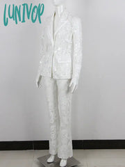 Lunivop Women Summer Luxury Sexy Long Sleeve V Neck Sequins White Pants Set Fashion Women’s