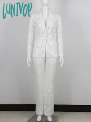 Lunivop Women Summer Luxury Sexy Long Sleeve V Neck Sequins White Pants Set Fashion Women’s