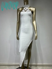 Lunivop Women Summer Luxury Sexy Sleeveless Diamonds Tank Mesh Flower Split White Midi Gowns