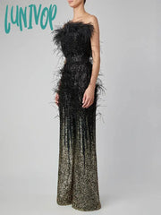 Lunivop Women Summer Luxury Sexy Strapless Backless Feather Mesh Sequins Bodycon Jumpsuit Celebrity