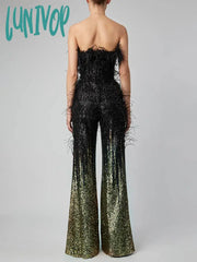 Lunivop Women Summer Luxury Sexy Strapless Backless Feather Mesh Sequins Bodycon Jumpsuit Celebrity