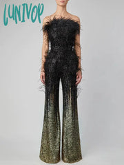Lunivop Women Summer Luxury Sexy Strapless Backless Feather Mesh Sequins Bodycon Jumpsuit Celebrity