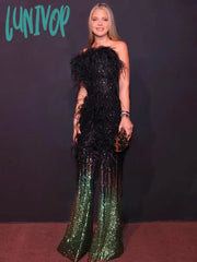 Lunivop Women Summer Luxury Sexy Strapless Backless Feather Mesh Sequins Bodycon Jumpsuit Celebrity