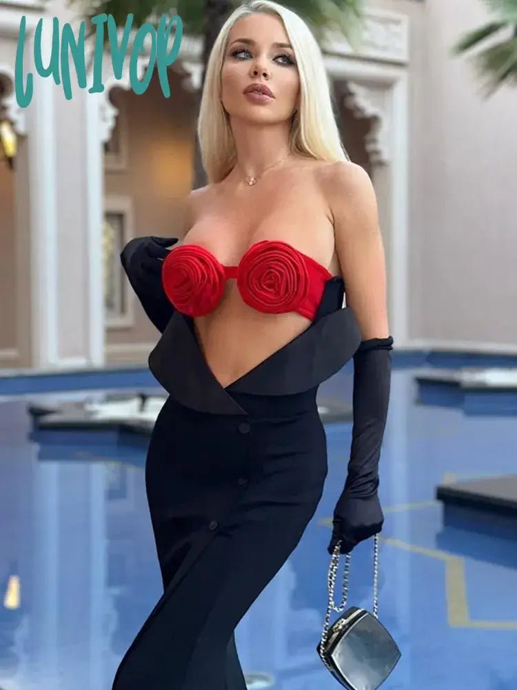 Lunivop Women Summer Luxury Sexy Strapless Cut Out Flower Gloves Black Maxi Long Gowns Elegant