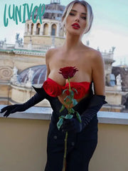 Lunivop Women Summer Luxury Sexy Strapless Cut Out Flower Gloves Black Maxi Long Gowns Elegant