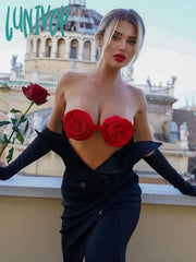 Lunivop Women Summer Luxury Sexy Strapless Cut Out Flower Gloves Black Maxi Long Gowns Elegant