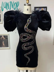 Lunivop Women Summer Runway Sexy Puff Sleeve Snake Crystal Diamonds Velvet Black Mini Dress High