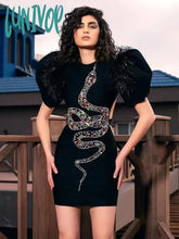 Lunivop Women Summer Runway Sexy Puff Sleeve Snake Crystal Diamonds Velvet Black Mini Dress High