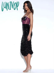 Lunivop Women Summer Runway Sexy Sleeveless Mesh Sequins Beige Purple Midi Dress High Street Club