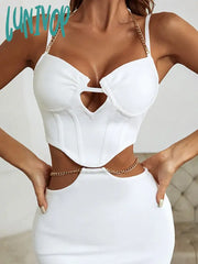 Lunivop Women Summer Sexy Backless Chain Cut Out White Pink Two Piece Mini Bandage Set Evening
