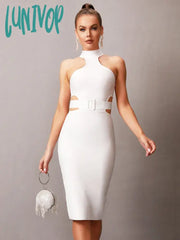 Lunivop Women Summer Sexy Backless Halter Cut Out Feather Beading Black Mini Bodycon Bandage Dress