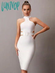 Lunivop Women Summer Sexy Backless Halter Cut Out Feather Beading Black Mini Bodycon Bandage Dress