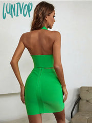 Lunivop Women Summer Sexy Backless Halter Deep V Neck Green Two Piece Mini Bandage Set Celebrity
