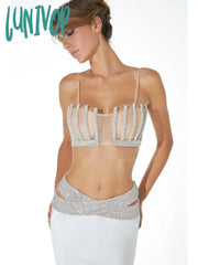 Lunivop Women Summer Sexy Backless Halter Diamonds Flower White Midi Bandage Skirt Set Knitted