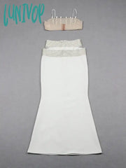 Lunivop Women Summer Sexy Backless Halter Diamonds Flower White Midi Bandage Skirt Set Knitted