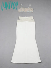 Lunivop Women Summer Sexy Backless Halter Diamonds Flower White Midi Bandage Skirt Set Knitted