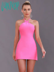 Lunivop Women Summer Sexy Backless Halter Hot Pink Bow Tie Mini Bodycon Bandage Dress Elegant