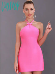 Lunivop Women Summer Sexy Backless Halter Hot Pink Bow Tie Mini Bodycon Bandage Dress Elegant