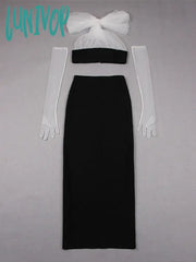 Lunivop Women Summer Sexy Backless Halter Mesh Gloves Maxi Long Bodycon Bandage Skirt Set Knitted