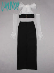 Lunivop Women Summer Sexy Backless Halter Mesh Gloves Maxi Long Bodycon Bandage Skirt Set Knitted