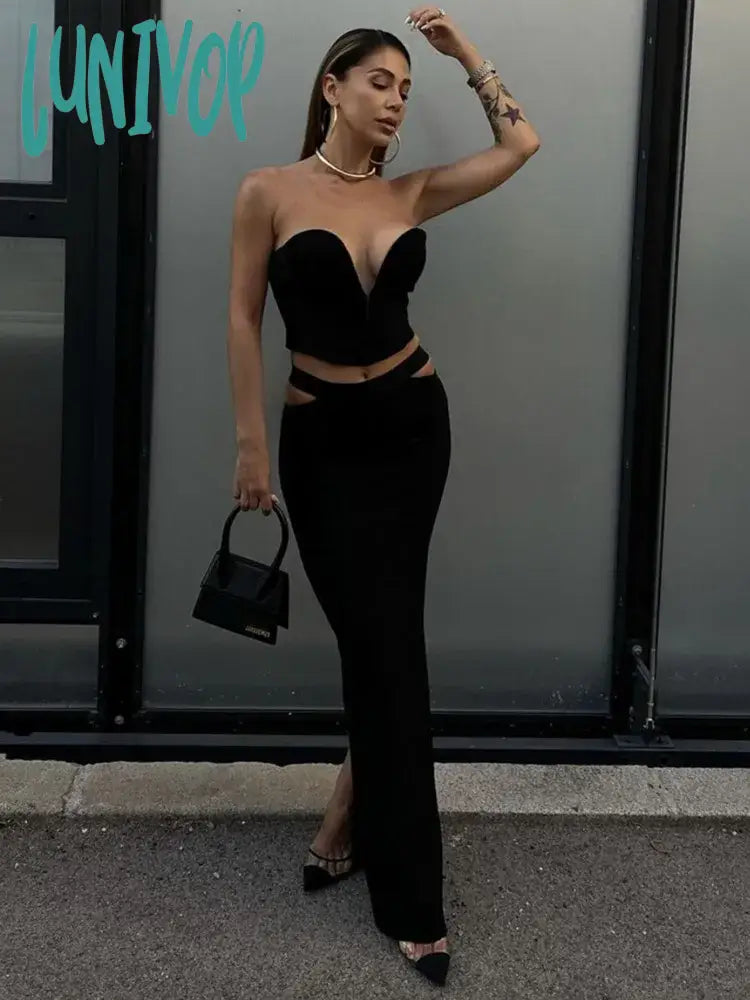 Lunivop Women Summer Sexy Backless Hollow Out Cut White Black Two Piece Maxi Long Bandage Set