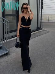 Lunivop Women Summer Sexy Backless Hollow Out Cut White Black Two Piece Maxi Long Bandage Set